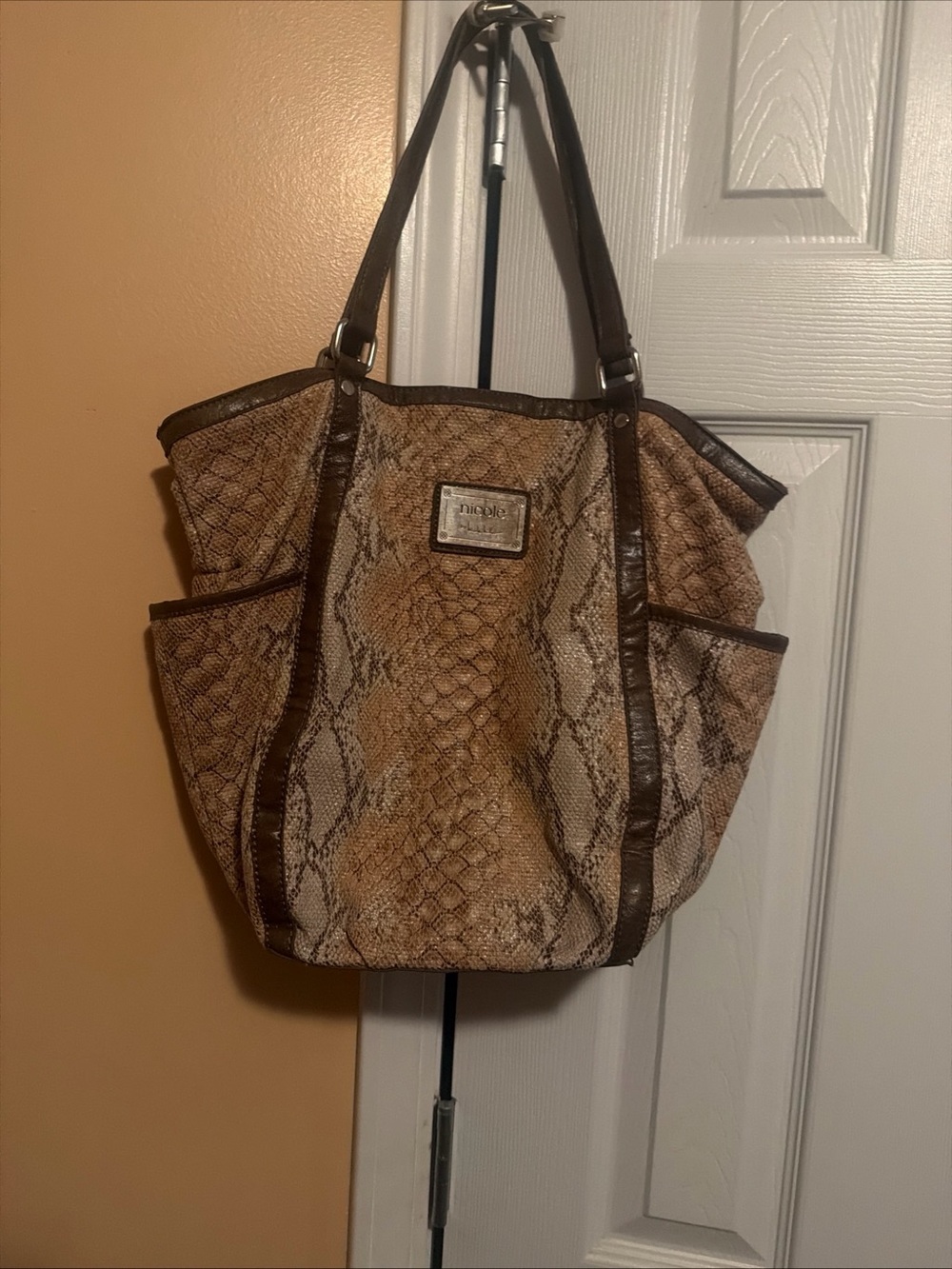 Nicole Miller Taupe and Dark Brown Snake-Print Tote